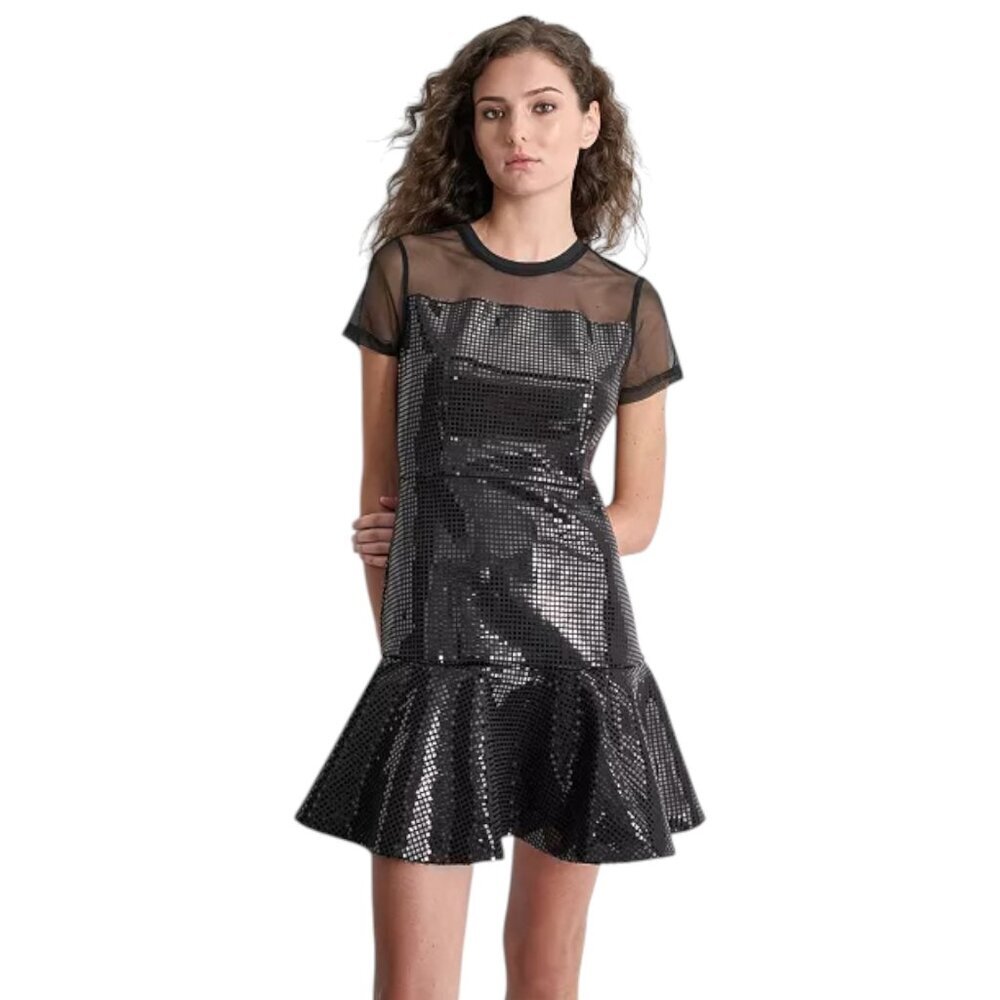 NWT DKNY Geometric Sequin A-Line Black Minidress Flounce Hem - Sz 4 - MSRP $199